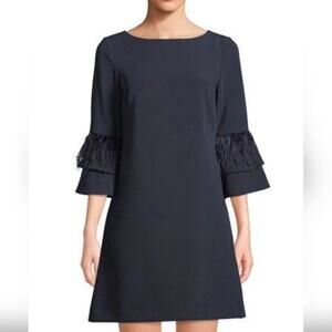NWT Tahari Navy Feather Trim Bell Sleeve Shift Dress Size 4